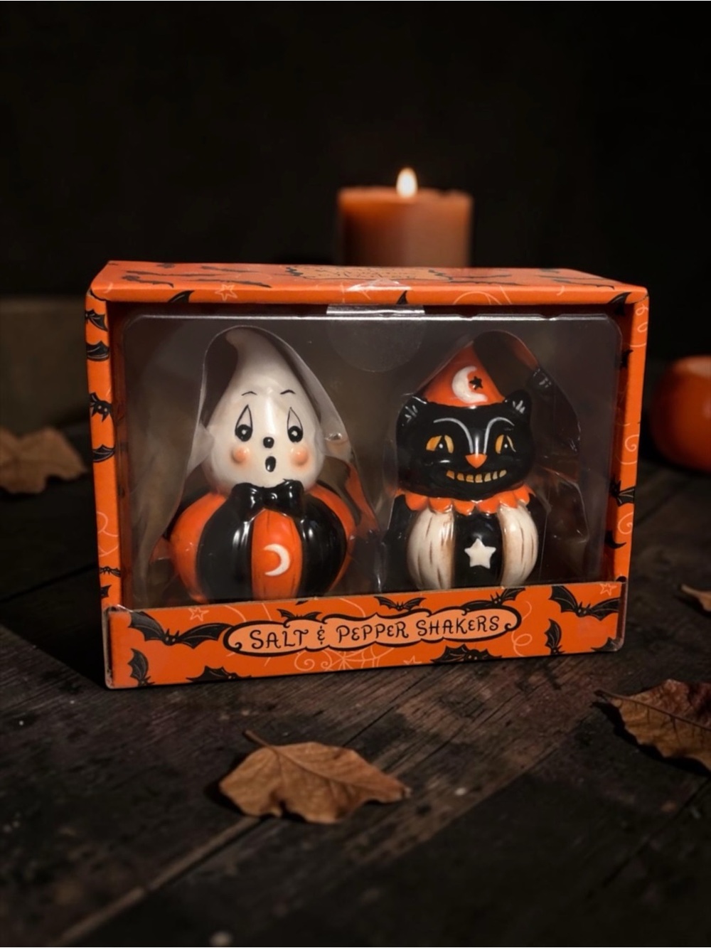 Halloween Ghost & Black Cat Salt and Pepper Shaker Set - Orange/Black/White